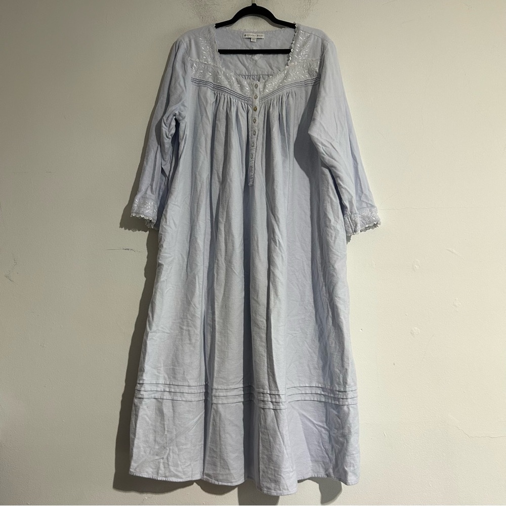 Eileen West Fairy Tale Cotton Flannel Nightgown Blue Size XL Embroidered Cottage